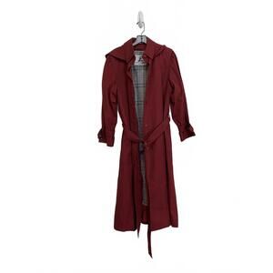 Misty Harbor Women Burgundy Trench Coat Hooded Removable Plaid Zip Liner Size 8
